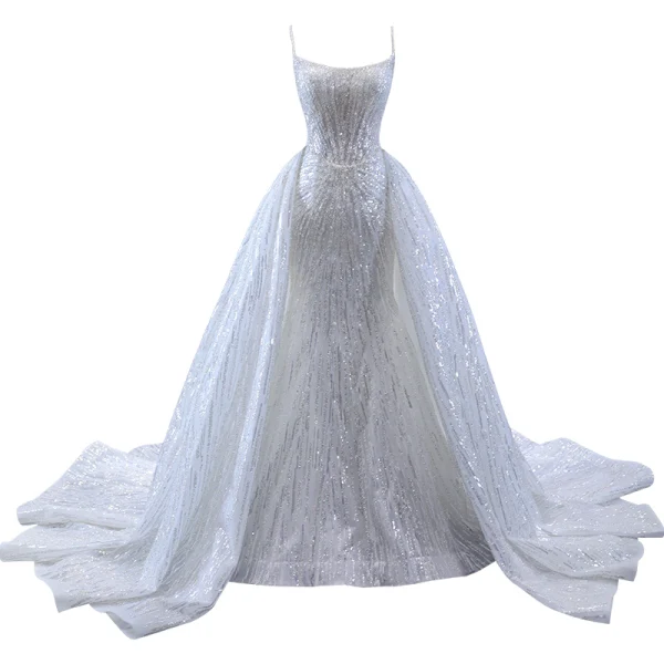 Haut de Gamme Scintillantes Blanche Glitter Perlage Paillettes Robe De Mariée 2023 Trompette / Sirène Bretelles Spaghetti Sans Manches Dos Nu Tribunal Train Mariage