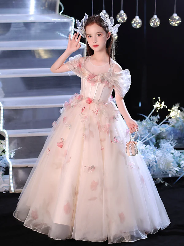 Charming Champagne Appliques Birthday Flower Girl Dresses 2024 Ball Gown Scoop Neck Short Sleeve Floor-Length / Long