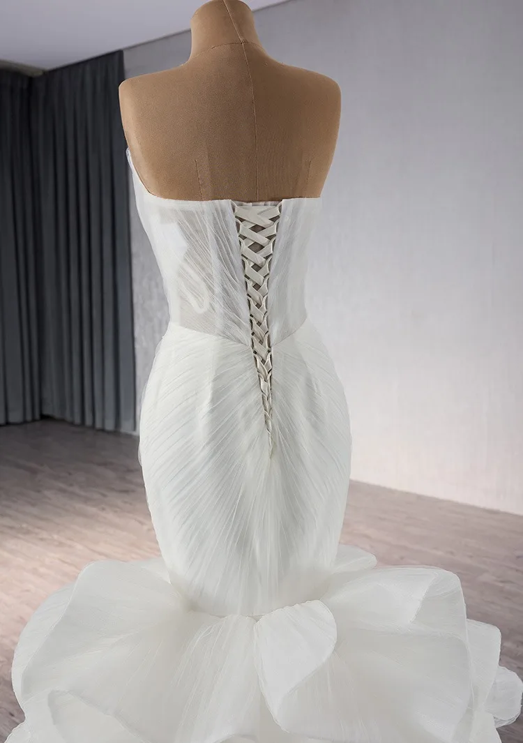 Sexy High End White Pearl Rhinestone Cascading Ruffles Wedding Dresses 2024  Trumpet Mermaid Strapless Sleeveless Backless Sweep Train Wedding
