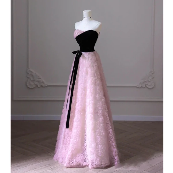 Chic / Beautiful Blushing Pink Flower Prom Dresses 2023 A-Line / Princess Off-The-Shoulder Sleeveless Backless Bow Sash Floor-Length / Long Prom Formal Dresses