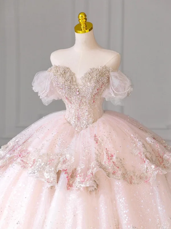 Charming Blushing Pink Beading Rhinestone Pearl Sequins Lace Flower Wedding Dresses 2024 Ball Gown Off-The-Shoulder Short Sleeve Backless Royal Train Wedding