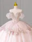 Charming Blushing Pink Beading Rhinestone Pearl Sequins Lace Flower Wedding Dresses 2024 Ball Gown Off-The-Shoulder Short Sleeve Backless Royal Train Wedding