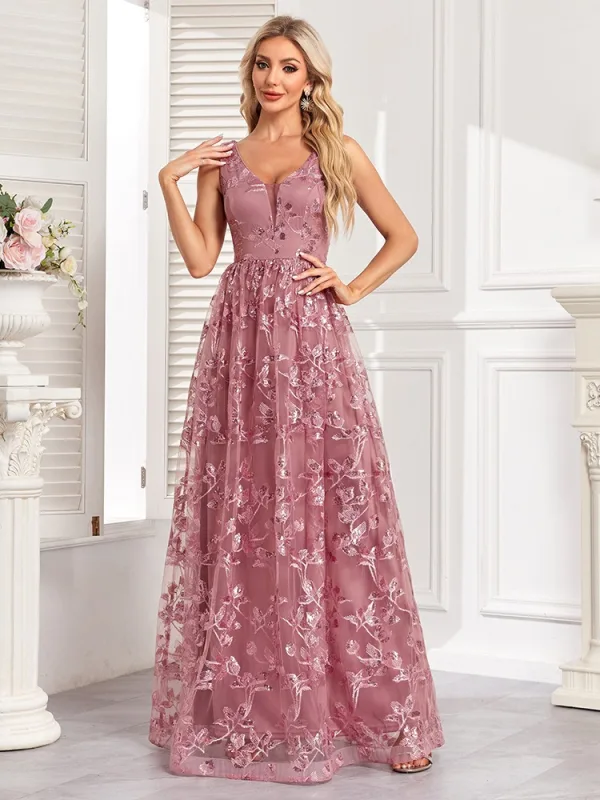 Chic / Beautiful Lace Flower Dusky Pink Prom Dresses 2024 A-Line / Princess V-Neck Sleeveless Backless Floor-Length / Long Prom Formal Dresses