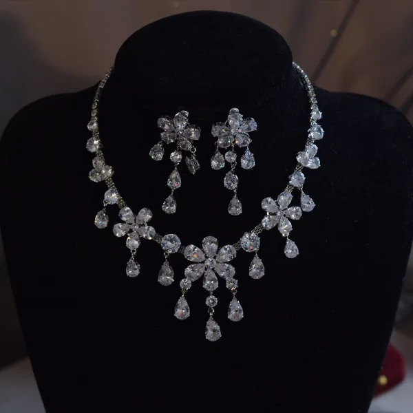 Charmant Witte Rhinestone Zirkonium Huwelijk Oorbellen Nek Ketting Accessoires 2025