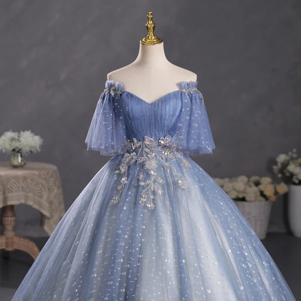Schöne Meeresblau Perlenstickerei Ballkleider 2023 Ballkleid Off Shoulder Kurze Ärmel Rückenfreies Lange Ball Festliche Kleider