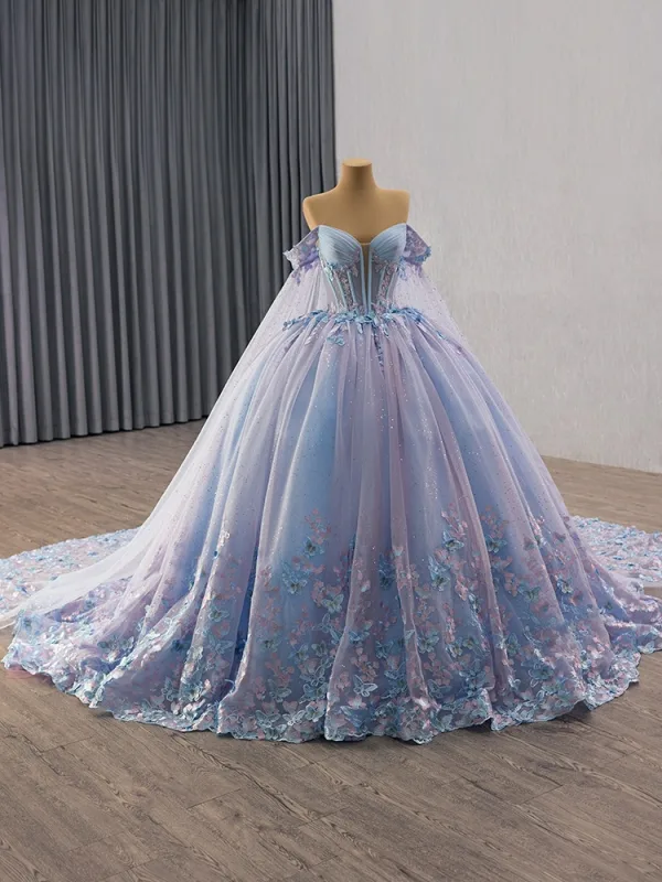 Haut de Gamme Bleu Ciel En Dentelle Papillon Perlage Paillettes Appliques Robe De Bal 2025 Robe Boule De l'épaule Manches Courtes Dos Nu Royal Train Tulle Robe De Ceremonie