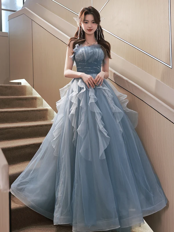 Chic / Beautiful Sky Blue Cascading Ruffles Pearl Prom Dresses 2023 A-Line / Princess Strapless Sleeveless Backless Floor-Length / Long Prom Formal Dresses