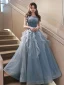 Chic / Beautiful Sky Blue Cascading Ruffles Pearl Prom Dresses 2023 A-Line / Princess Strapless Sleeveless Backless Floor-Length / Long Prom Formal Dresses