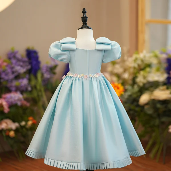 Lovely Sky Blue Birthday Flower Girl Dresses 2022 Ball Gown Square Neckline Puffy Short Sleeve Beading Appliques Pearl Rhinestone Floor-Length / Long Flower Girl Dresses