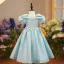 Lovely Sky Blue Birthday Flower Girl Dresses 2022 Ball Gown Square Neckline Puffy Short Sleeve Beading Appliques Pearl Rhinestone Floor-Length / Long Flower Girl Dresses