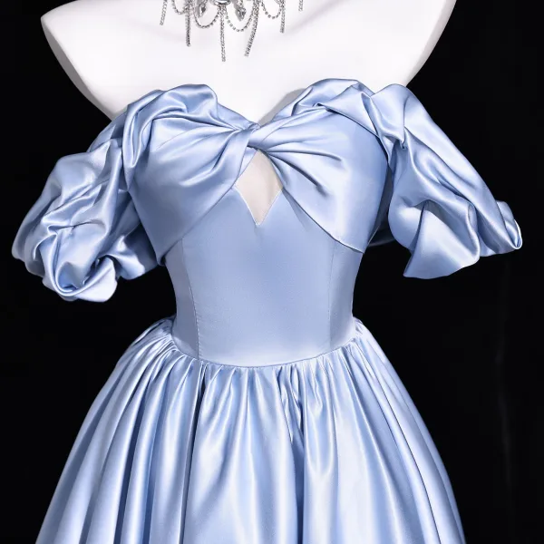 New Money Sky Blue Satin Prom Dresses 2026 Ball Gown Off-The-Shoulder Ruffle Short Sleeve Backless Floor-Length / Long Formal Dresses