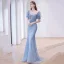 Charmant Bleu Ciel Perlage Robe De Bal 2022 Trompette / Sirène Encolure Carrée Volants Manches Courtes Noeud Longue Robe De Ceremonie