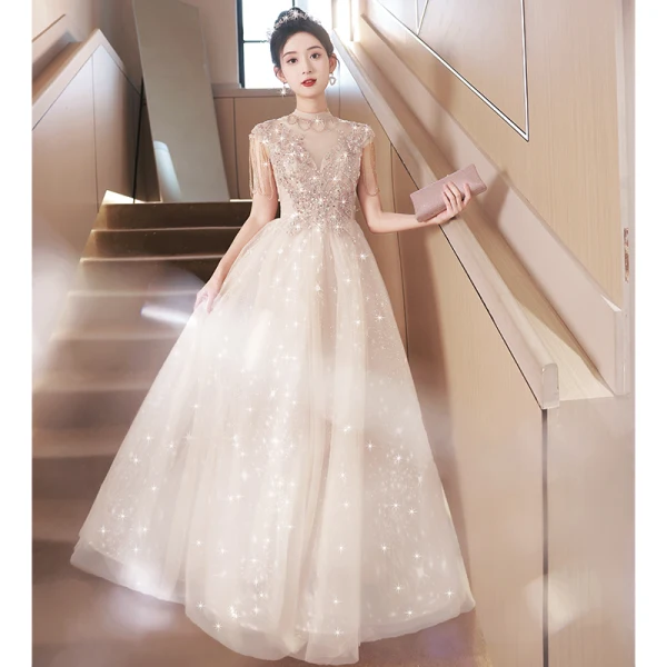 Charming Champagne Beading Tassel Sequins Evening Dresses 2023 A-Line / Princess Scoop Neck Backless Short Sleeve Floor-Length / Long Evening Party Formal Dresses