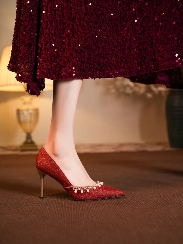 Bling Bling Champagne Leather Pearl Rhinestone Sequins Wedding Shoes 2026 8 cm Stiletto Heels Pointed Toe Wedding Pumps High Heels