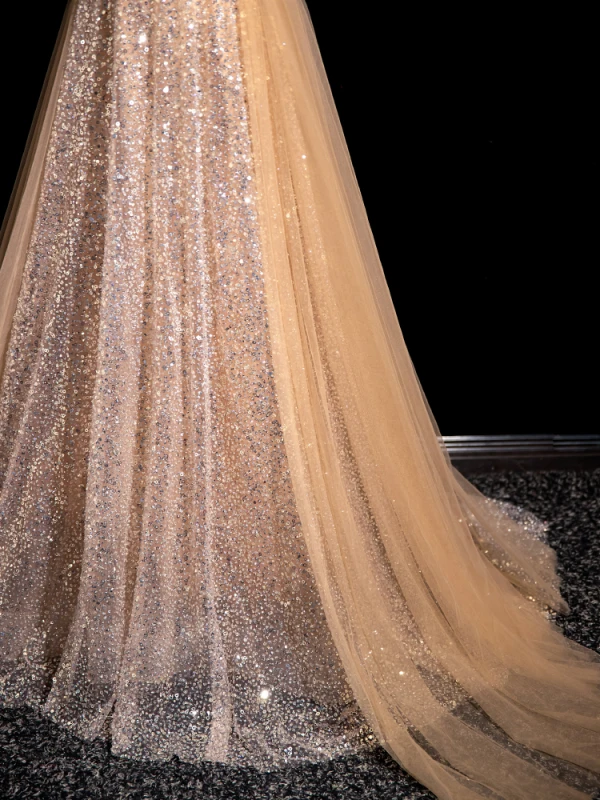 Sparkly Gold Beading Sequins Prom Dresses 2024 A-Line / Princess Scoop Neck Short Sleeve Backless Sweep Train Prom Formal Dresses
