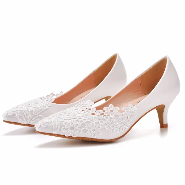 Élégant Blanche En Dentelle Fleur Chaussure De Mariée 2022 5 cm Talons Aiguilles À Bout Pointu Mariage Escarpins Talons Hauts