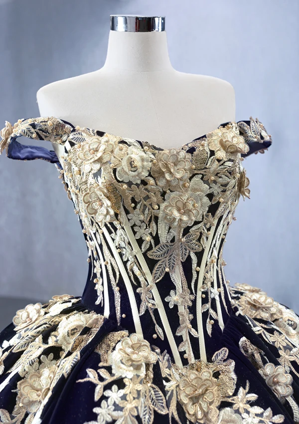 Vintage / Retro High-end Navy Blue Pearl Lace Flower Prom Dresses 2023 Ball Gown Off-The-Shoulder Sleeveless Backless Sweep Train Prom Formal Dresses
