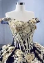 Vintage / Retro High-end Navy Blue Pearl Lace Flower Prom Dresses 2023 Ball Gown Off-The-Shoulder Sleeveless Backless Sweep Train Prom Formal Dresses