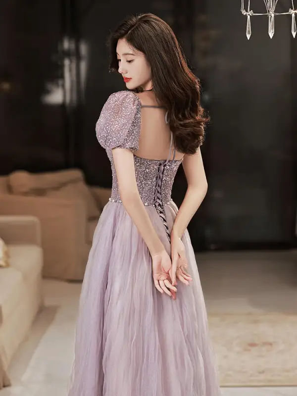 Chic / Beautiful Lilac Sequins Prom Dresses 2022 A-Line / Princess Strapless Puffy Short Sleeve Backless Floor-Length / Long Prom Formal Dresses