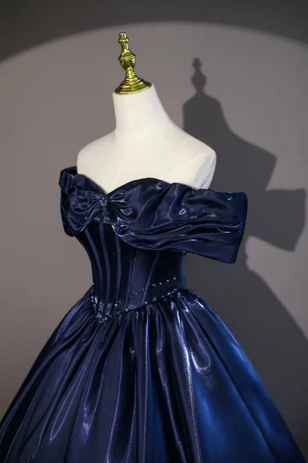 Vintage / Retro Navy Blue Prom Dresses 2026 Ball Gown Off-The-Shoulder Short Sleeve Backless Floor-Length / Long Formal Dresses