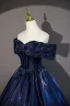 Vintage / Retro Navy Blue Prom Dresses 2026 Ball Gown Off-The-Shoulder Short Sleeve Backless Floor-Length / Long Formal Dresses