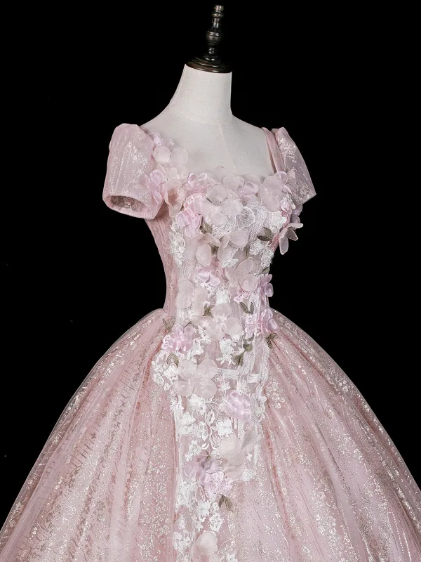 Blumenfee Rosa Perlenstickerei Pailletten Spitze Blumen Applikationen Ballkleider 2026 Ballkleid Eckiger Ausschnitt Rückenfreies Kurze Ärmel