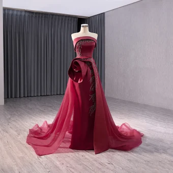 High End Elegant Burgundy Handmade Beading Sequins Flower Prom Dresses 2024 Trumpet Mermaid Strapless Sleeveless Backless Sweep Train Prom