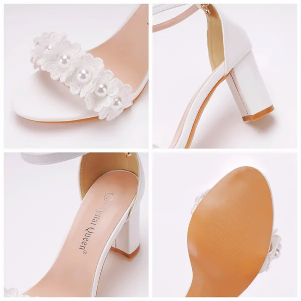 Sexy White Lace Flower Pearl Wedding Shoes 2023 Ankle Strap 7 cm Stiletto Heels Open / Peep Toe Wedding Sandals High Heels