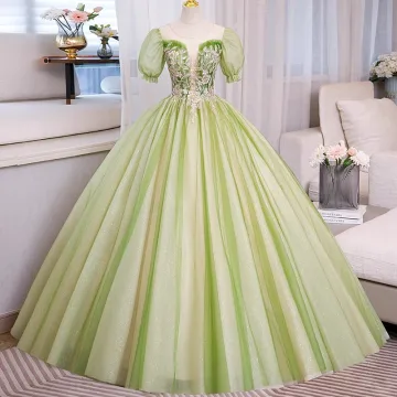 Elegantes Verde Salvia Glitter Rebordear Lentejuelas Vestidos De Gala 2023 Ball Gown Scoop Escote Hinchado Manga Corta Largos Gala Vestidos Formales