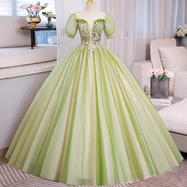 Elegant Sage Green Glitter Beading Sequins Prom Dresses 2023 Ball Gown ...