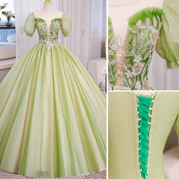 Elegant Sage Green Glitter Beading Sequins Prom Dresses 2023 Ball Gown Scoop Neck Puffy Short Sleeve Floor-Length / Long Prom Formal Dresses