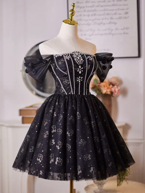 Charming Black Rhinestone Glitter Flower Short Evening Dresses 2025 Ball Gown Off-The-Shoulder Short Sleeve Backless Evening Party Formal Dresses