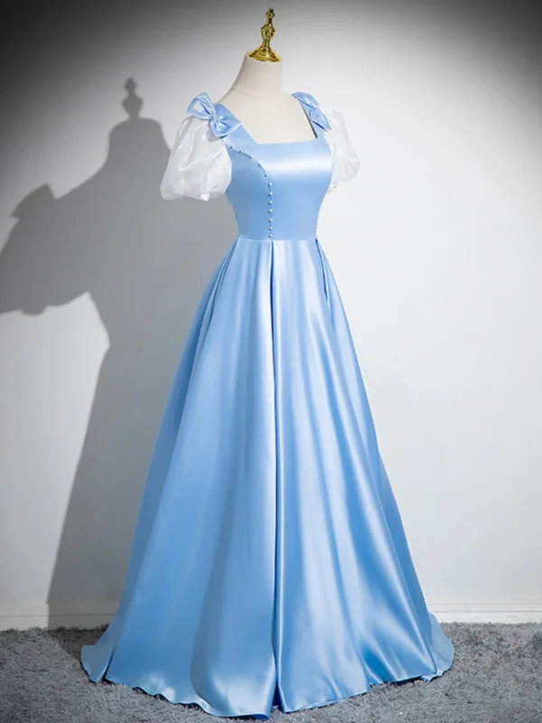 Chic / Beautiful Sky Blue Prom Dresses 2024 A-Line / Princess Square Neckline Bow Puffy Short Sleeve Backless Floor-Length / Long Prom Formal Dresses