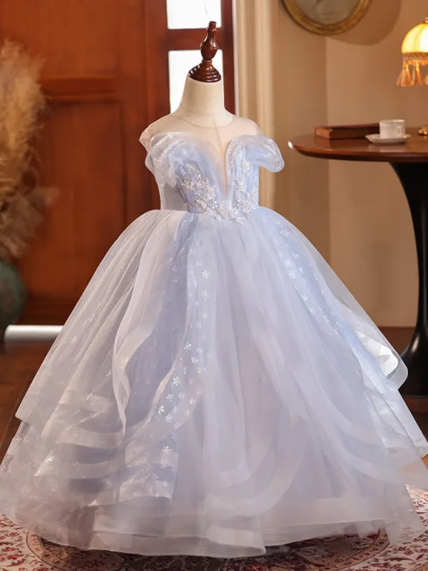 Chic / Beautiful Sky Blue Beading Cascading Ruffles Birthday Flower Girl Dresses 2024 Ball Gown Scoop Neck Sleeveless Backless Floor-Length / Long