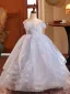 Chic / Beautiful Sky Blue Beading Cascading Ruffles Birthday Flower Girl Dresses 2024 Ball Gown Scoop Neck Sleeveless Backless Floor-Length / Long
