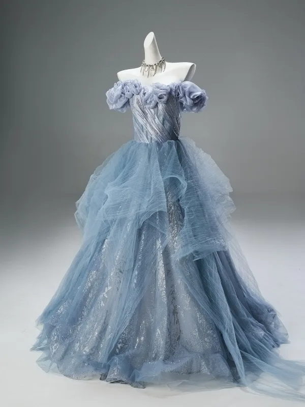 High-end Sky Blue Sequins Rhinestone Prom Dresses 2025 Ball Gown Off-The-Shoulder Short Sleeve Backless Sweep Train Prom Formal Dresses