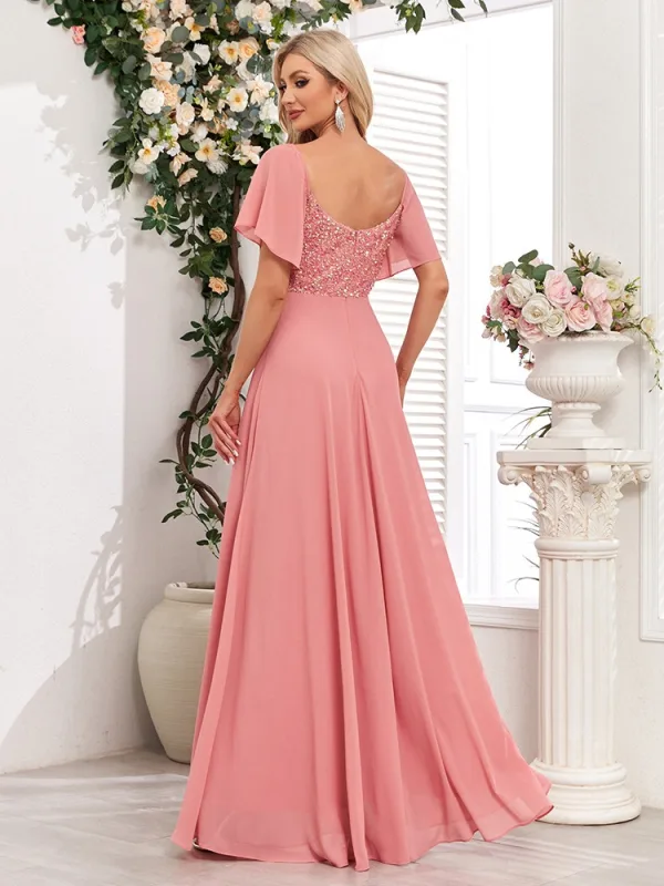Chic / Beautiful Blushing Pink Sequins Chiffon Prom Dresses 2024 A-Line / Princess Square Neckline Short Sleeve Backless Floor-Length / Long Prom Formal Dresses
