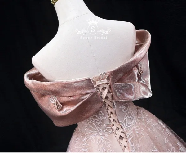 Elegant Blushing Pink Glitter Lace Flower Prom Dresses 2025 Ball Gown Off-The-Shoulder Short Sleeve Backless Floor-Length / Long Prom Formal Dresses