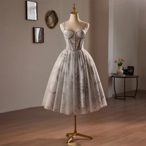 Chic Beautiful Grey Beading Sequins Homecoming Graduation Dresses 2024 A Line Princess Spaghetti Straps Sleeveless Backless Tea Length Formal Dresses