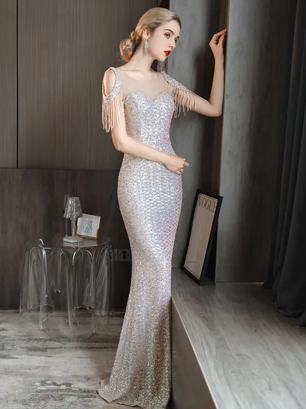 Sparkly Beige Sequins Evening Dresses 2022 Trumpet / Mermaid Scoop Neck Beading Tassel Sleeveless Backless Floor-Length / Long Evening Party Formal Dresses