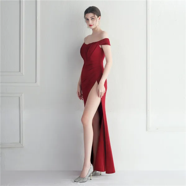 Chic / Beautiful White Split Front Evening Dresses 2024 Trumpet / Mermaid Off-The-Shoulder Sleeveless Backless Floor-Length / Long Evening Party Formal Dresses
