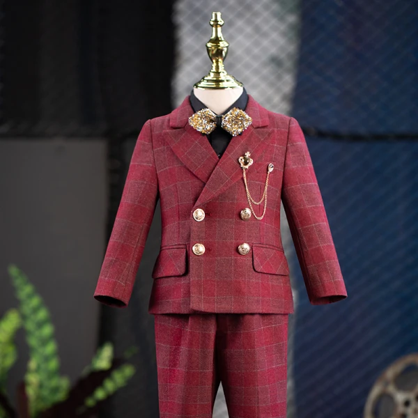 Burgundy 5-piece Plaid Long Sleeve Boys Wedding Suits 2022 Body Jewellery Coat Pants Shirt Tie Wedding