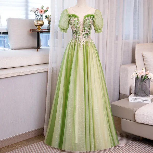 Elegant Sage Green Glitter Beading Sequins Prom Dresses 2023 Ball Gown Scoop Neck Puffy Short Sleeve Floor-Length / Long Prom Formal Dresses