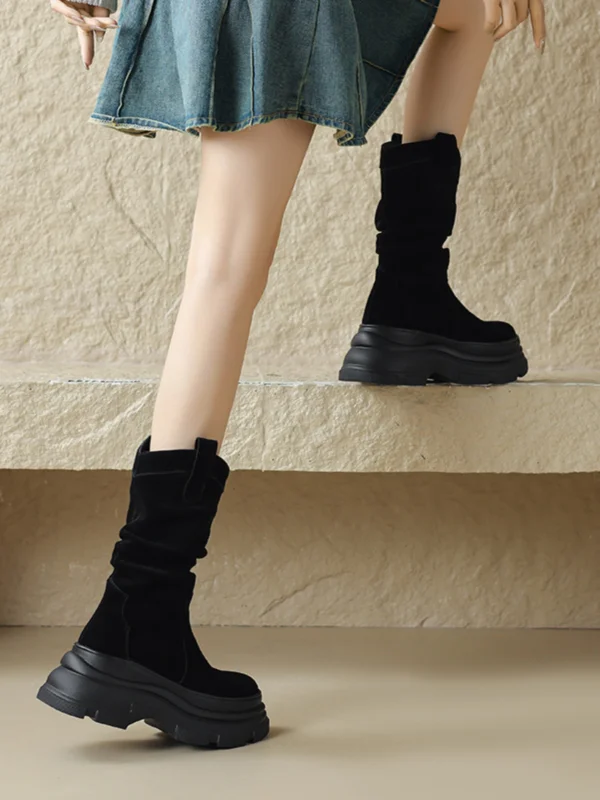 Vintage Brun Suede Gateklær Vinter Boots Dame 2024 Lær 8 cm Kilehæl Spisse Boots