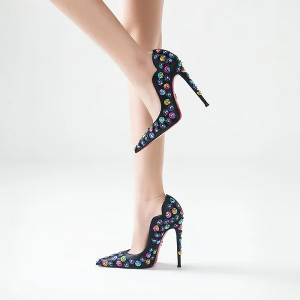 Overdreven Multi-Kleuren Pailletten Zwarte Avond Leer Pumps 2025 12 cm Naaldhakken / Stiletto Spitse Neus Pumps Hoge Hakken