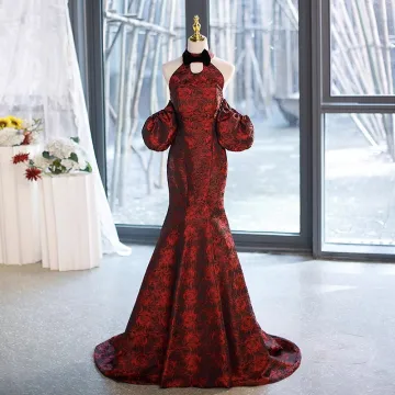 Sexy Bordeaux Impression Robe De Soirée 2023 Trompette Sirène Titulaire Noeud Manches Courtes Dos Nu Longue Soirée Robe De Ceremonie