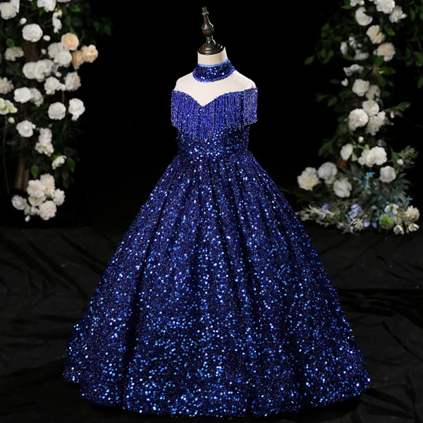 Sparkly Navy Blue Beading Tassel Sequins Birthday Flower Girl Dresses 2024 Ball Gown High Neck Sleeveless Floor-Length / Long