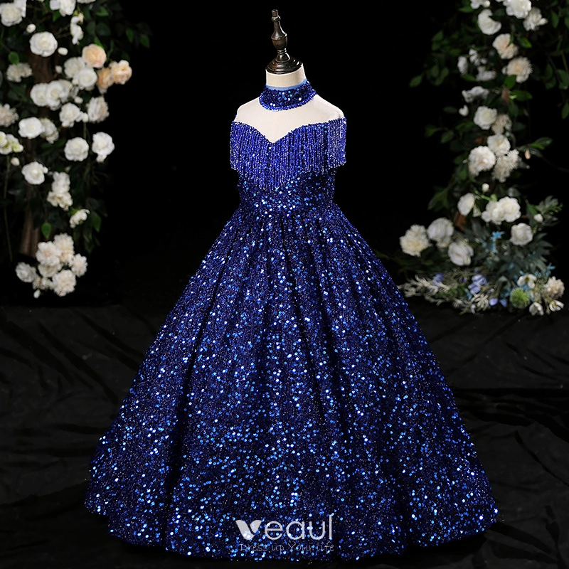 Sparkly Navy Blue Beading Tassel Sequins Birthday Flower Girl Dresses 2024  Ball Gown High Neck Sleeveless Floor-Length / Long