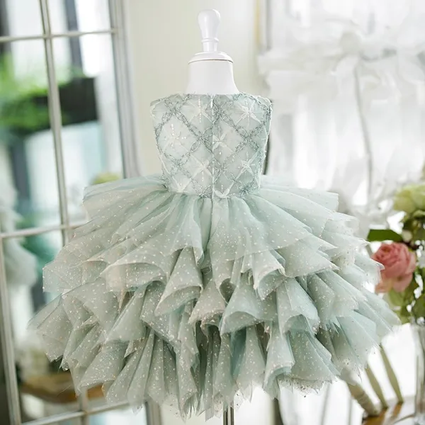 Charmant Vert Cendré Perlage Paillettes En Dentelle Fleur Volants en Cascade Anniversaire Courte Robe Ceremonie Fille 2023 Robe Boule Encolure Dégagée Manches Courtes