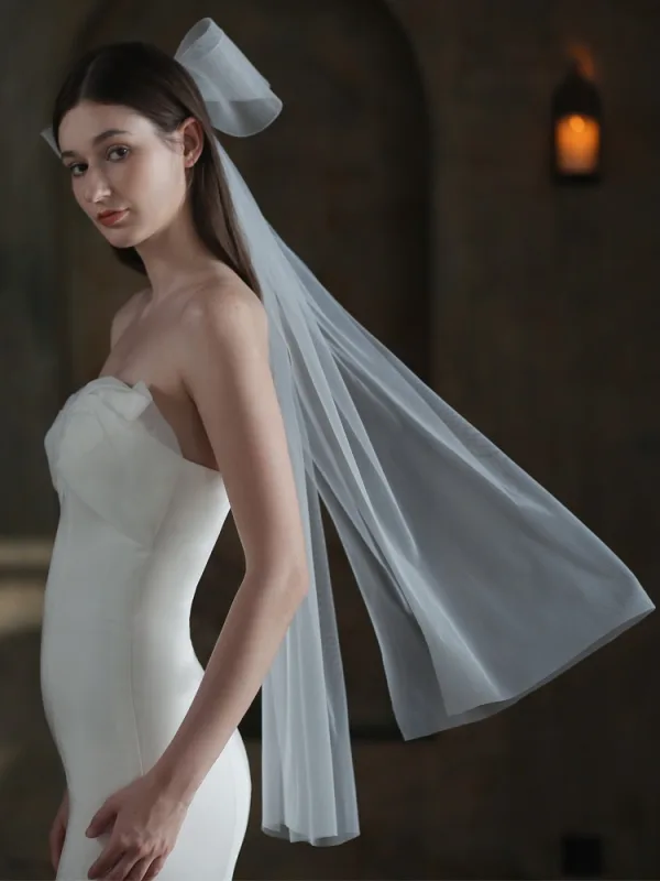 Modest / Simple White Bow 1 m Wedding Veils 2025 Tulle
